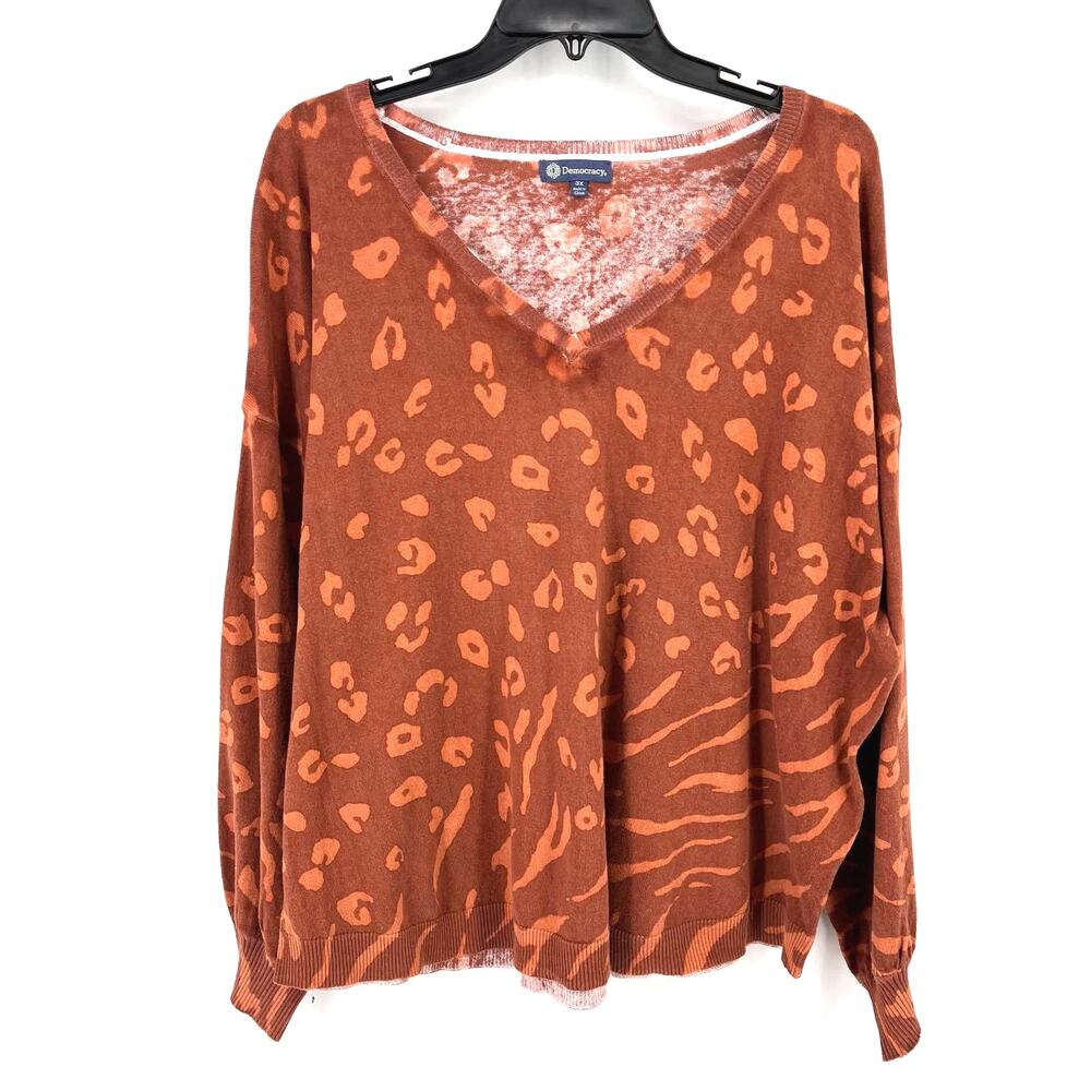 New Democracy Animal Print V-Neck Sweater Plus Size 3X Leopard Zebra Brown